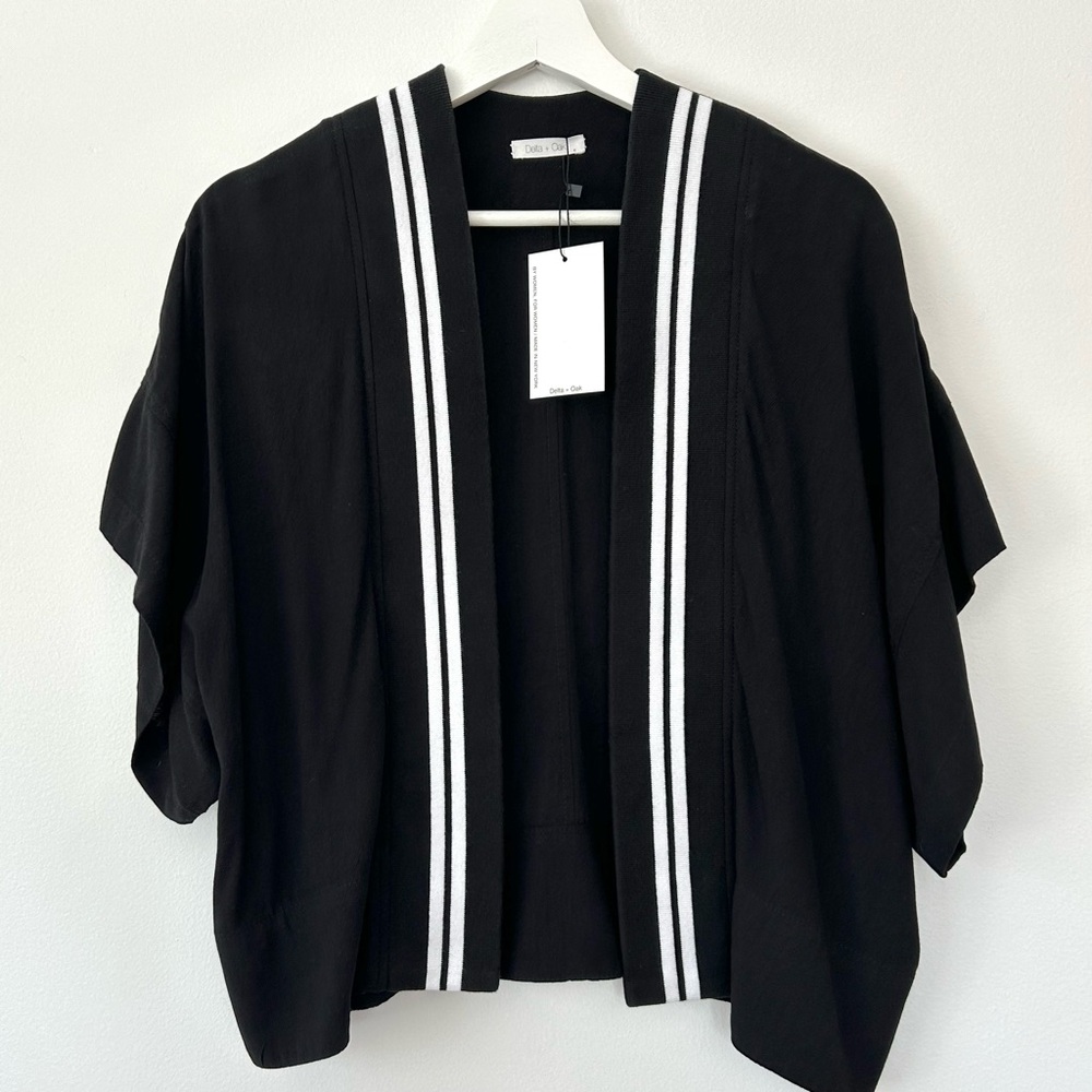 Black Kimono Cardigan with Striped Rib Trim